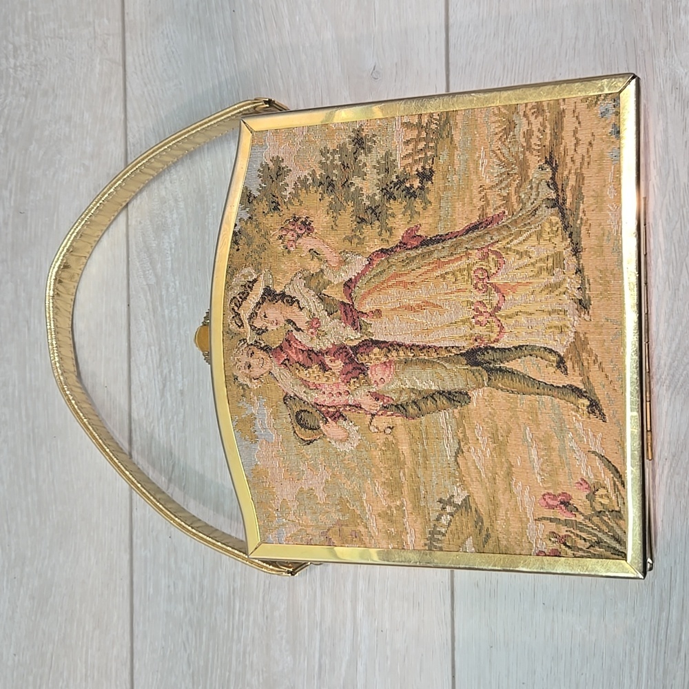 Vintag1960s TYROLEAN Bag Tapestry Cloth Embroidered Puffed Puffy Victorian Purse - Picture 2 of 13